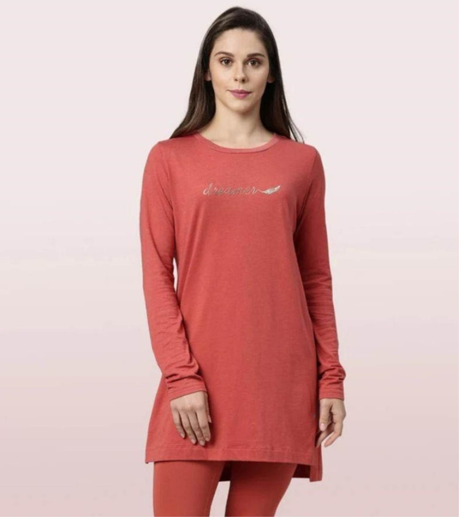 ENAMORE LADIES LONG SLEEVE TUNIC T SHIRT WITH SIDE SLIT MINDFUL GRAPHIC T SHIRT E161 PANERI EMBROIDERY